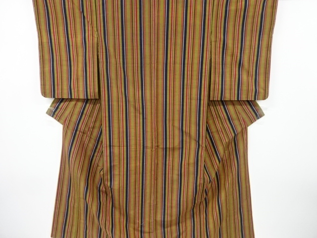 アンティーク　縞織り出し手織り紬着物